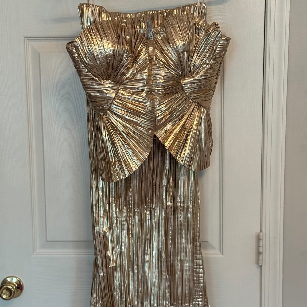 Cult Gaia Jace Metallic Plissé Bustier Top + Chantel Midi Skirt Set- Gold/Size L
